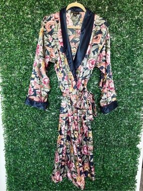 Vintage Aria Navy and Floral Satin Robe